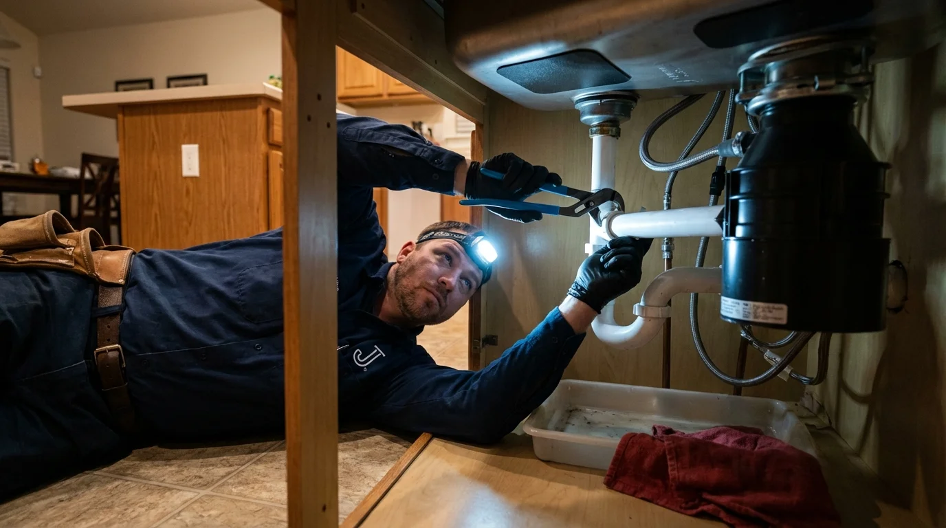 P-trap and supply line connections under a kitchen sink showing a common leak point in Madison, MS